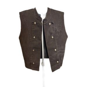 VNT Cactus Flower Black Distressed Denim Vest Medium Whimsigoth Rocker Edge